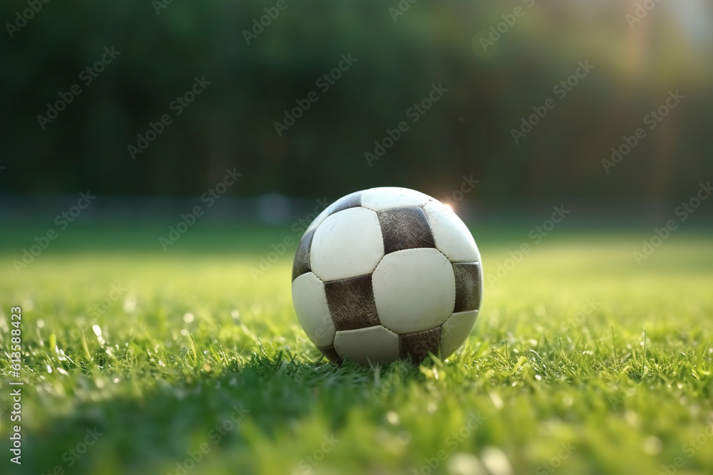 Fototapeta premium Fussball auf dem Fussballrasen im freien, Hintergrund Banner mit Textfreiraum