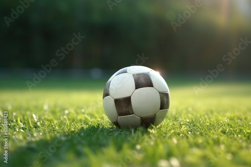 Fussball auf dem Fussballrasen im freien, Hintergrund Banner mit Textfreiraum © Stephan