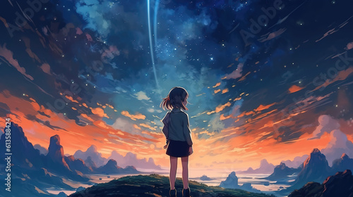 an anime girl standing on top pf a hill with a shooting star  ai generated image