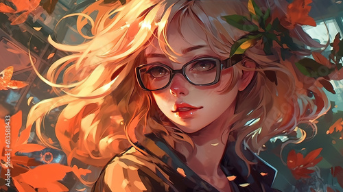 a beautiful but shy anime girl in autum, ai generated image