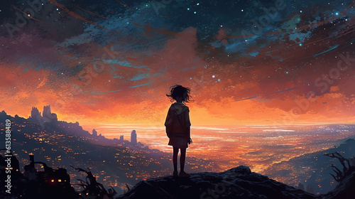 a young cute anime girl standing at the top of a fantasy world at sunset, ai generated image