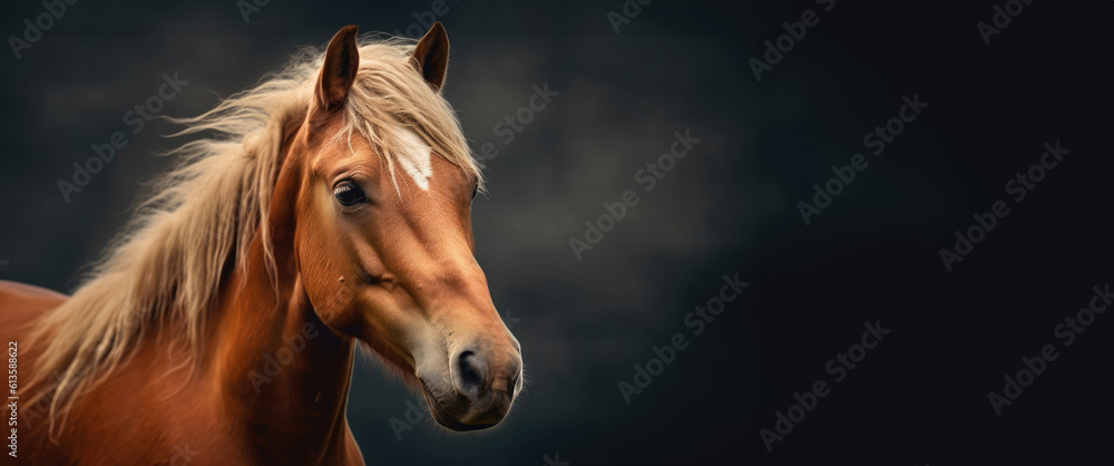 Majestic wild horse against a solid black background.  Minimalistic, subtle style. Animal isolated. Banner with copy space.