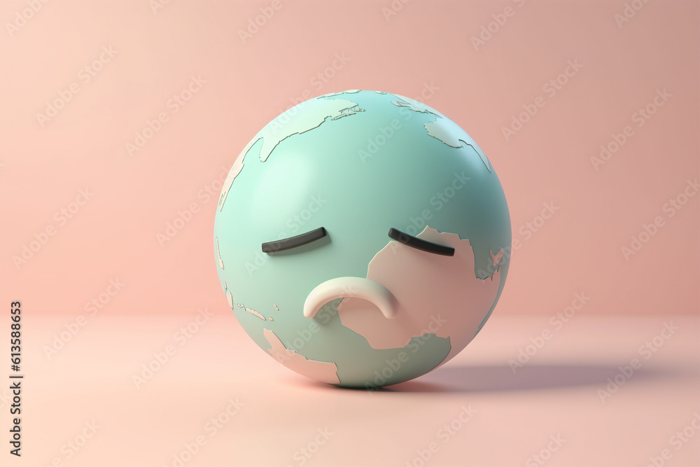 Planet earth globe with sad face. Generative AI illustration