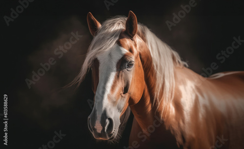 Majestic wild horse against a solid black background.  Minimalistic  subtle style. Banner with copy space.