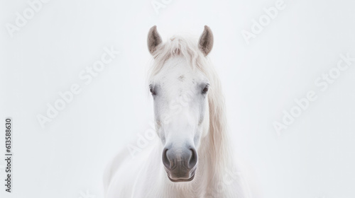 Majestic wild horse surrounded by fog in winter. Minimalistic, subtle style. White background.