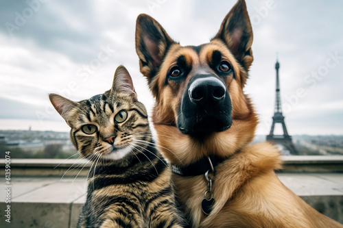 A cat and a dog take a selfie at the Eiffel Tower in France © Svetlana Rey