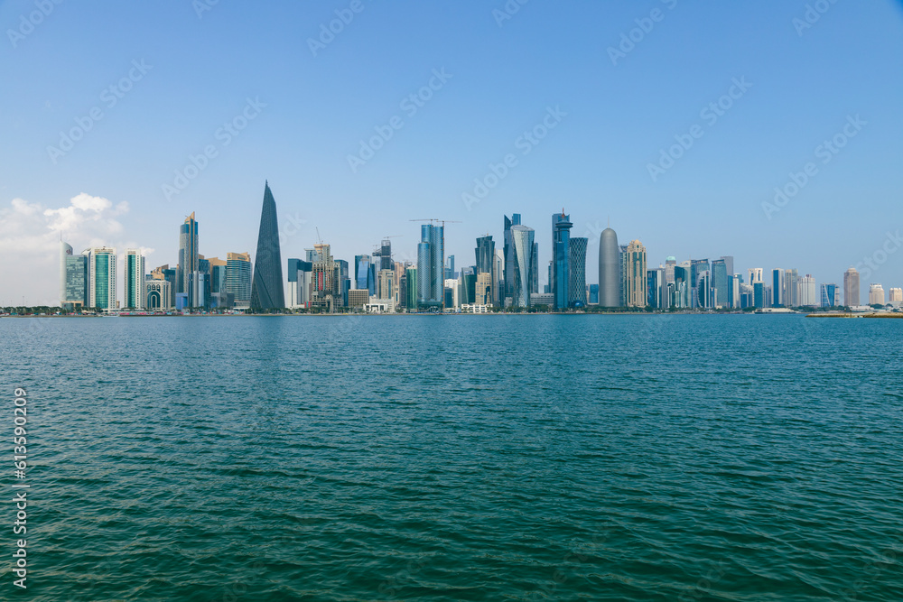 Doha, Qatar - January 26 2023: A view of the sea and the towers in Doha, one of the most beautiful tourist places in Qatar 