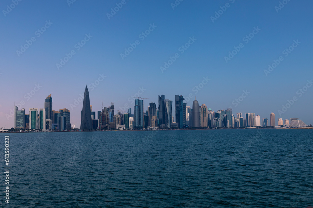 Doha, Qatar - January 26 2023: A view of the sea and the towers in Doha, one of the most beautiful tourist places in Qatar 