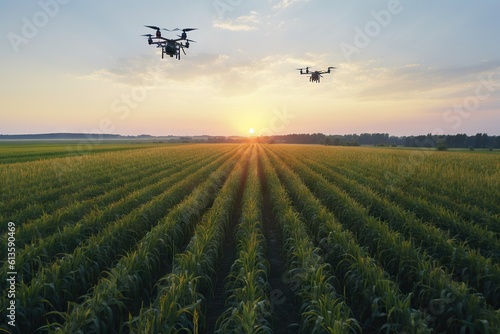 Digital futuristic farming. Drone technology revolutionizing corn industry in serene summer landscape