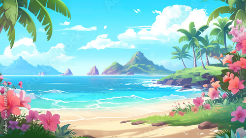 a colorful beautiful untouched place at a hawaiian beach, anime manga artwork, ai generated image photo