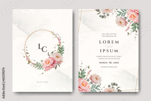 Wedding invitation card set with peonies flower and golden line