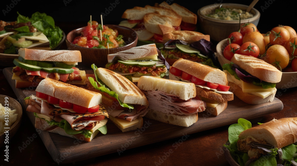 A tray of assorted sandwiches, including classics like club, BLT, and veggie, arranged for a picnic or party A tray of assorted sandwiches, including classics like club, BLT, and veggie, arranged for a picnic or party