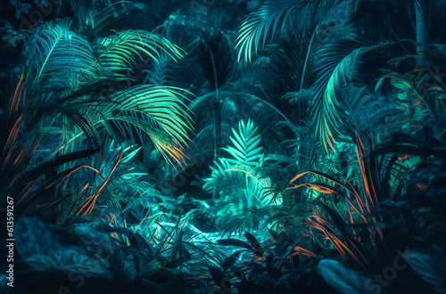 neon jungle background with bright lights and palm leaves
