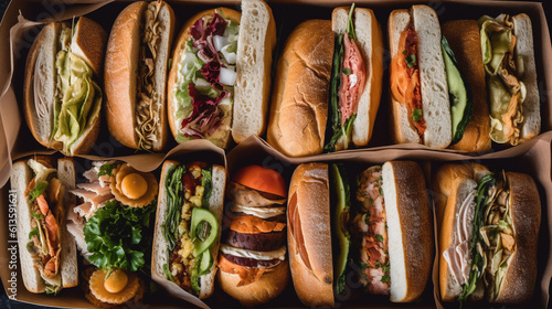 A tray of assorted sandwiches, including classics like club, BLT, and veggie, arranged for a picnic or party