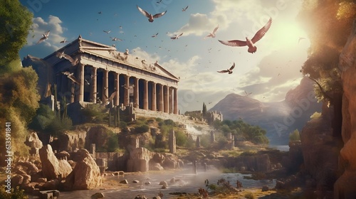 landscape ancient greek ruins and waterfalls, Generative AI photo
