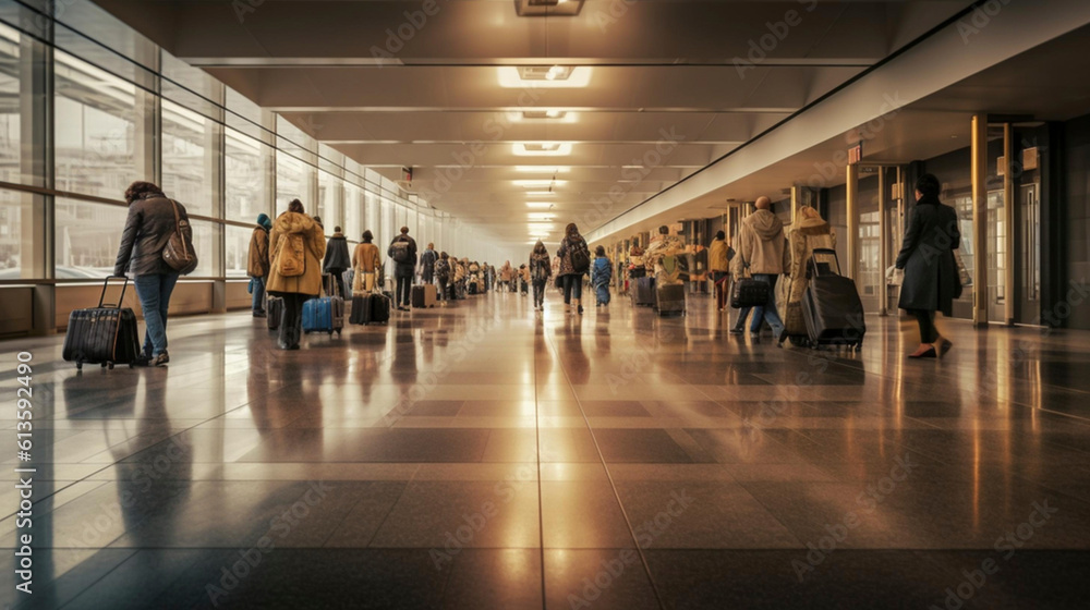 Generative AI, backview of passengers of different ethnic origin on the departure terminal of an airport. Travel theme, luggage. Backview of all kinds of people. Diversity theme.