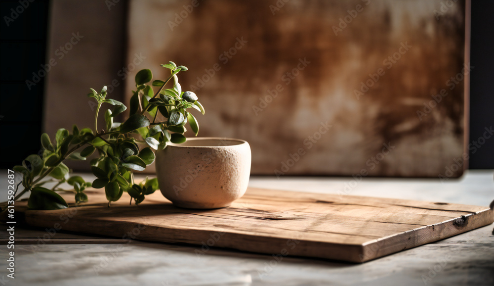 a wooden board and plant in a white vase a wooden board and plant in a white vase