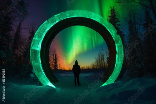 person stands in a green glowing passage and looks at the sky with northern lights created with Generative AI technology