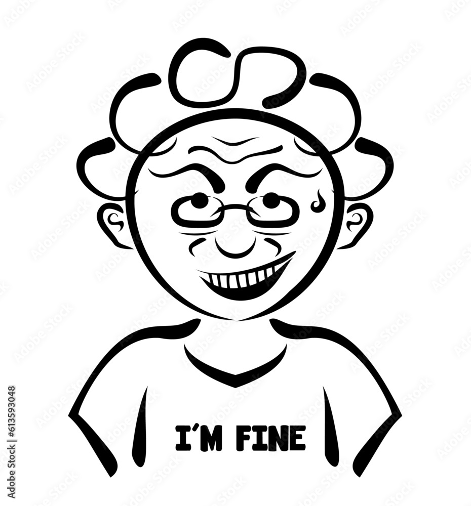 Vector line art of funny old woman face in I' am fine shirt. Vector isolated on white background. Vector line art of funny old woman face in I' am fine shirt. Vector isolated on white background.