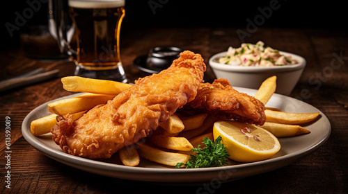 A plate of crispy and golden fish and chips, served with a side of tartar sauce and a wedge of lemon