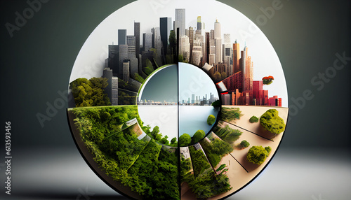 Pie chart with city and lush greenery environmental sustainability climate change, global warming concept Ai generated image photo