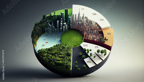 Pie chart with city and lush greenery environmental sustainability climate change, global warming concept Ai generated image