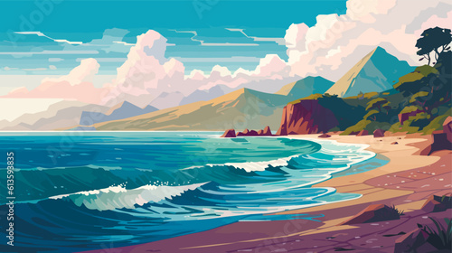 beach coast with mountains and sea, vector illustration