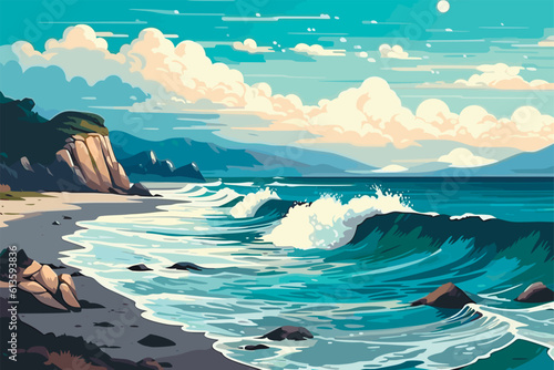 beach coast with mountains and sea, vector illustration