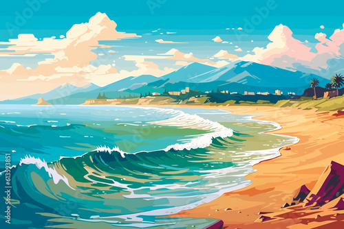 beach coast with mountains and sea, vector illustration