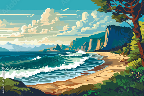 beach coast with mountains and sea, vector illustration