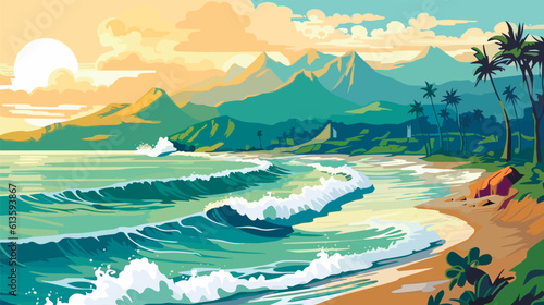 beach coast with mountains and sea, vector illustration