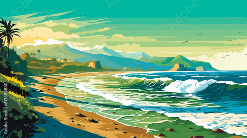 beach coast with mountains and sea, vector illustration
