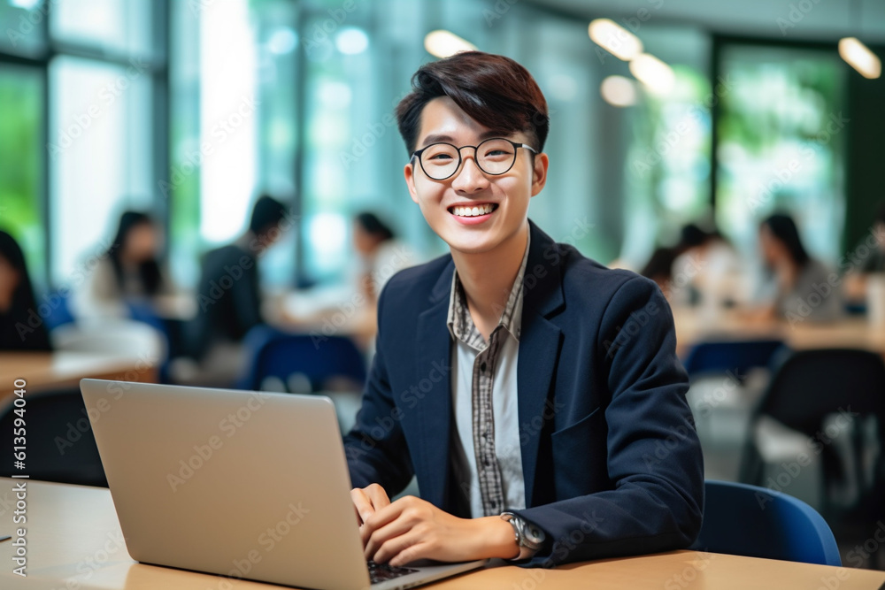 Fototapeta premium Young smiling Asian business man employee or student working on laptop in corporate office. Marketing manager using computer technology. Generative Ai content.