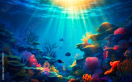 an underwater scene with different corals and fishes