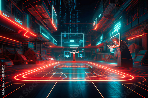 this is an illustration of an arcade basketball court with neon lights