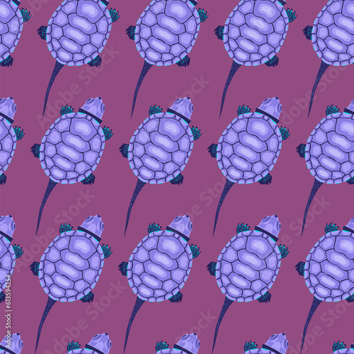 Seamless pattern with purple swamp turtles on a pink background 