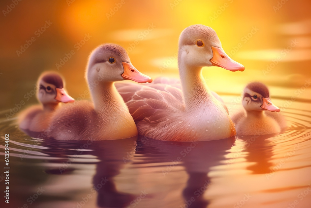 Ducklings swimming in the lake at sunset, close-up. Generative AI. Ducklings swimming in the lake at sunset, close-up. Generative AI.
