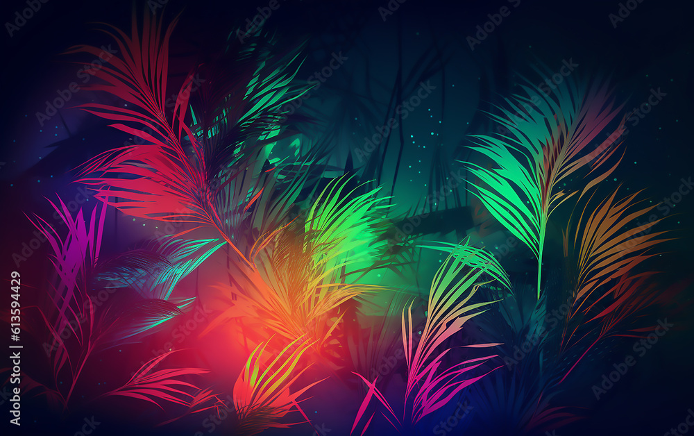 Abstract summer background with leaves. Neon colors. Generative AI technology. Abstract summer background with leaves. Neon colors. Generative AI technology.