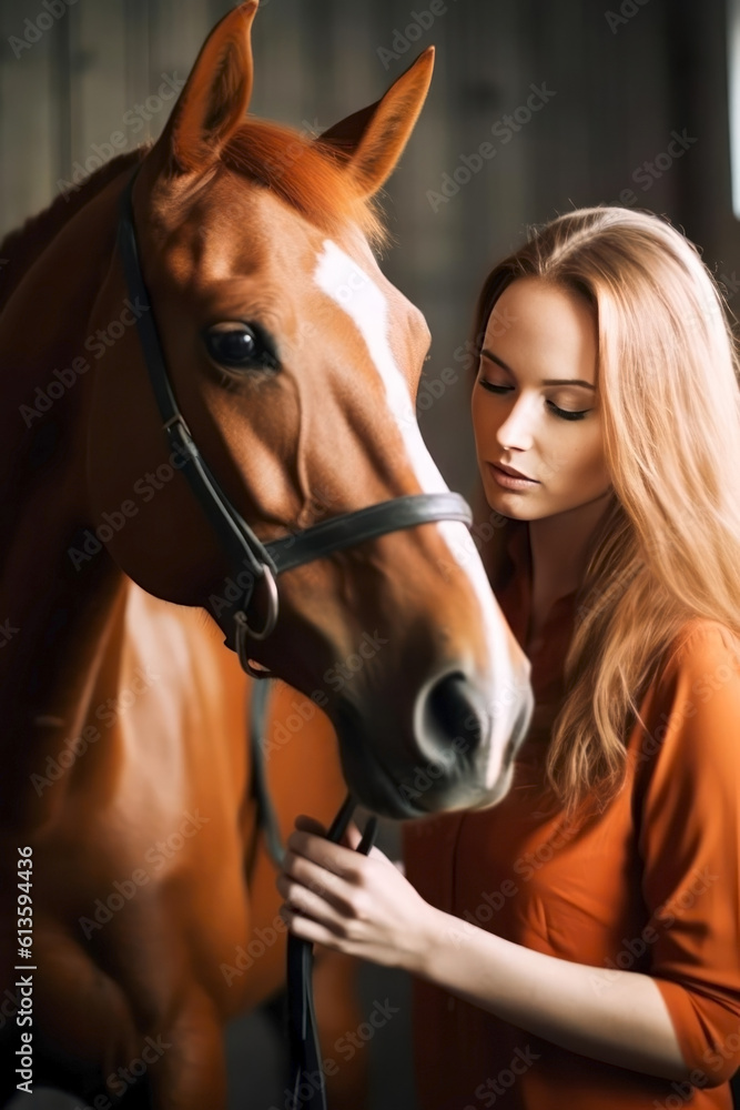 Obraz premium Portrait of a beautiful young woman with a horse in the stable. Animal care. Generative AI.