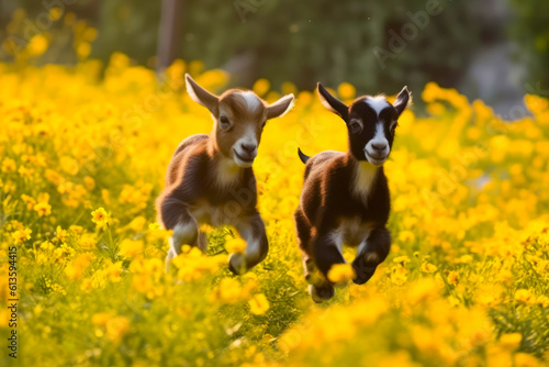 Two little goats running in a meadow of yellow wildflowers. Generative AI.