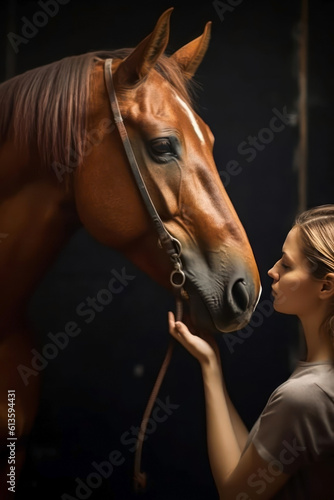 Portrait of a beautiful young woman with a horse in the stable. Generative AI.