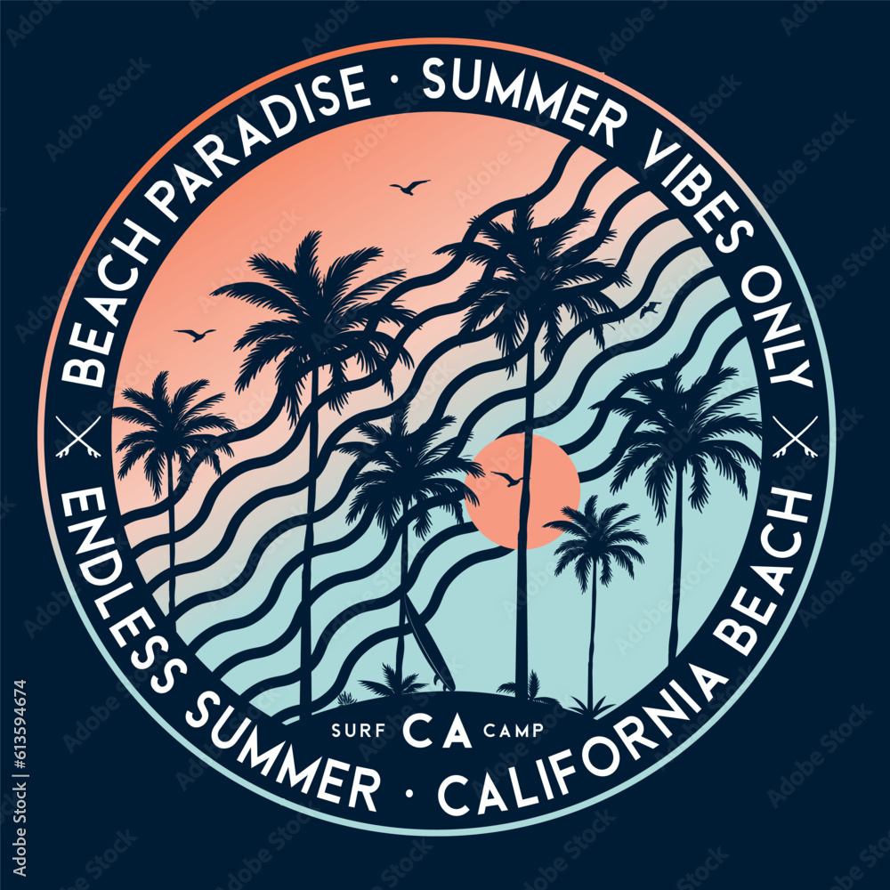 Beach Paradise, Summer Vibes Only, California Beach. Summer text with a waves vector illustrations. Summer Beach Wave Vector illustration.