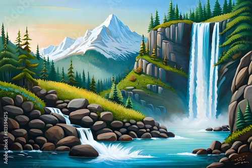 A breathtaking mountain landscape with a majestic waterfall flowing down its rugged cliffs