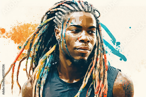 African American guy with dreadlocks, light background, watercolor style. Portrait of a Young black man, musician