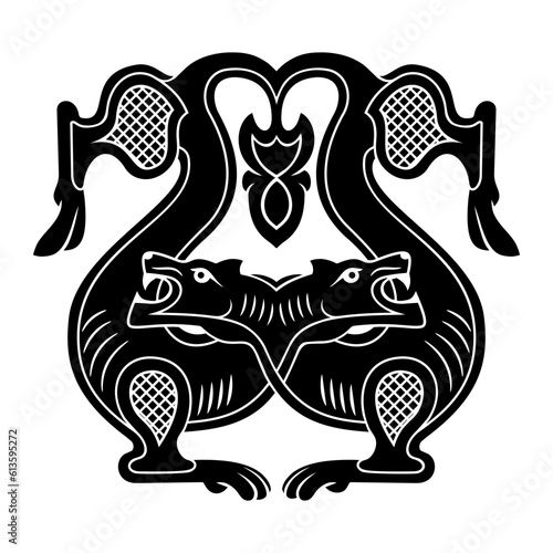 Battling Wolves Silhouette. Ancient Sign, Badge. Vector clipart isolated on white.