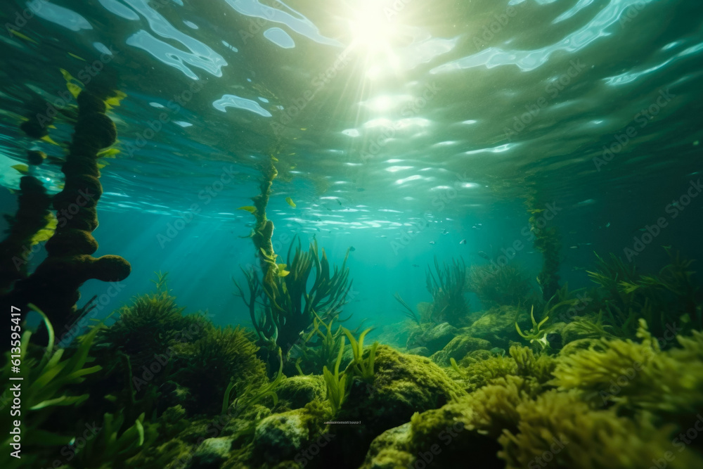 Seabed Filled With Algae With Light Leaking From The Surface Created With Artificial Intelligence Seabed Filled With Algae With Light Leaking From The Surface Created With Artificial Intelligence