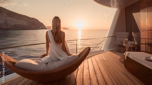 Rear view woman relaxing on a luxury boat, generative AI
