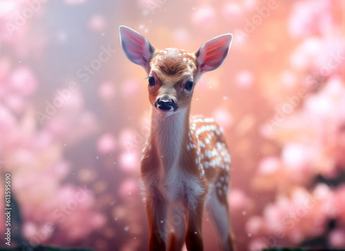 A baby deer or fawn standing in front of a soft pink bokeh background.