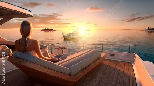 Rear view woman relaxing on a luxury boat, generative AI © Salsabila Ariadina