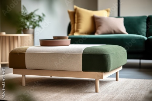 Details of modern cushioned furniture, poufs and arm chair. Custom furniture details with green details